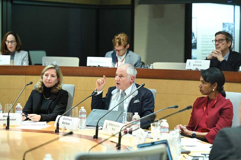 Left to right: Maria Langan-Riekhof, director of the Strategic Futures Group of the National Intelligence Council; Senior Fellow Stephen Kotkin; and Director Condoleezza Rice at the Global Futures Conference of Hoover’s History Lab on January 13, 2024.