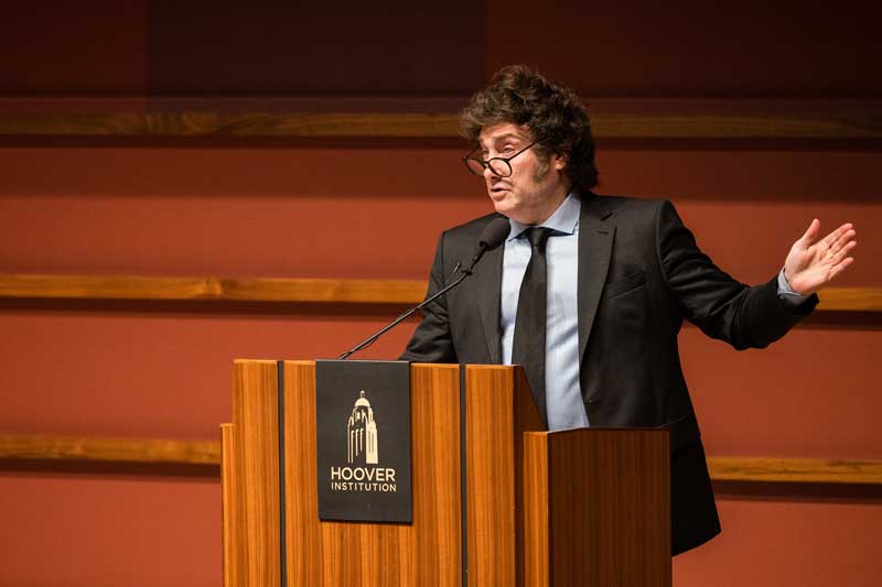 Argentine president Javier Milei speaks in Hauck Auditorium on May 29, 2024.