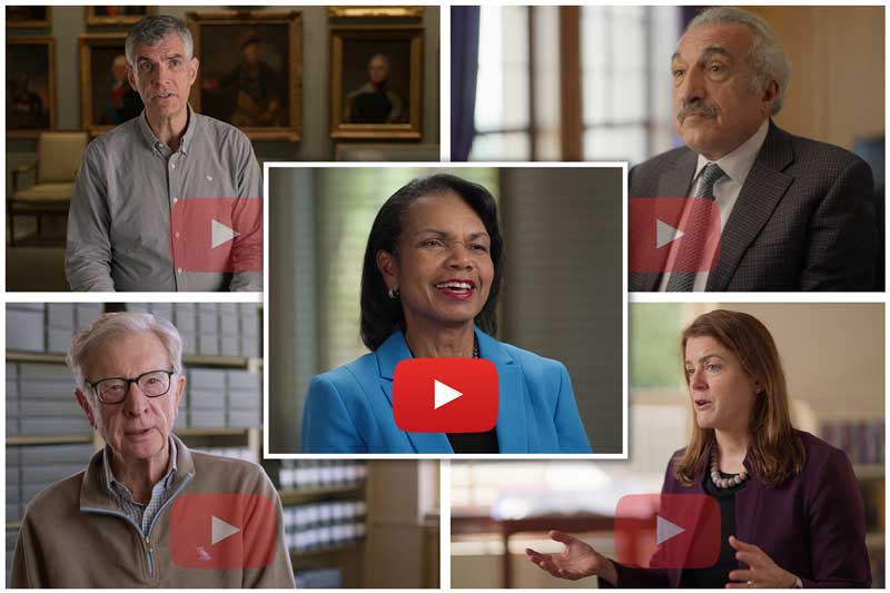 Reflections videos feature (at center) Director Condoleezza Rice, (clockwise from top left) Research Fellow Anatol Shmelev, Research Fellow Abbas Milani, Deputy Director Emeritus Charles G. Palm, and Research Fellow Jennifer Burns.